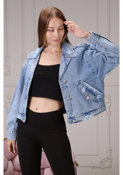 Geniş Kol Mini Kadın Kot Ceket 6639-819 Mavi