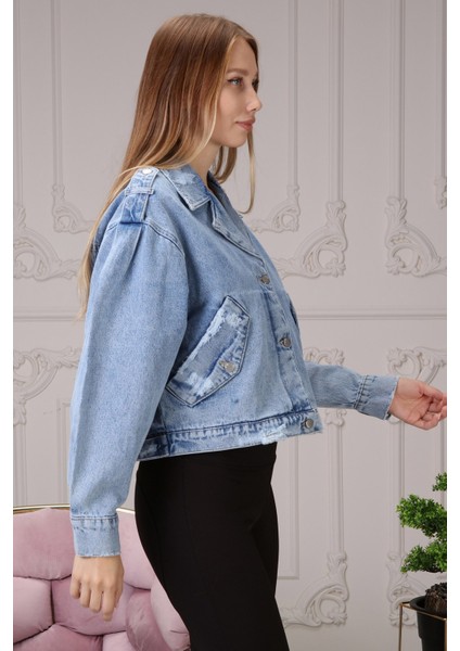 Geniş Kol Mini Kadın Kot Ceket 6639-819 Mavi fırsatları