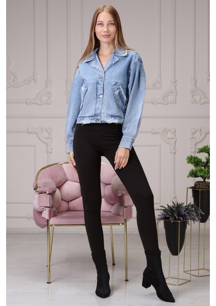 Geniş Kol Mini Kadın Kot Ceket 6639-819 Mavi