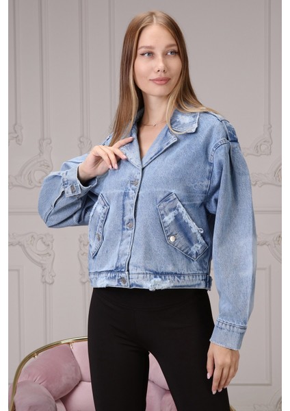 Geniş Kol Mini Kadın Kot Ceket 6639-819 Mavi