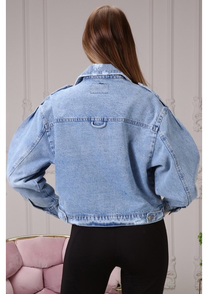Geniş Kol Mini Kadın Kot Ceket 6639-819 Mavi