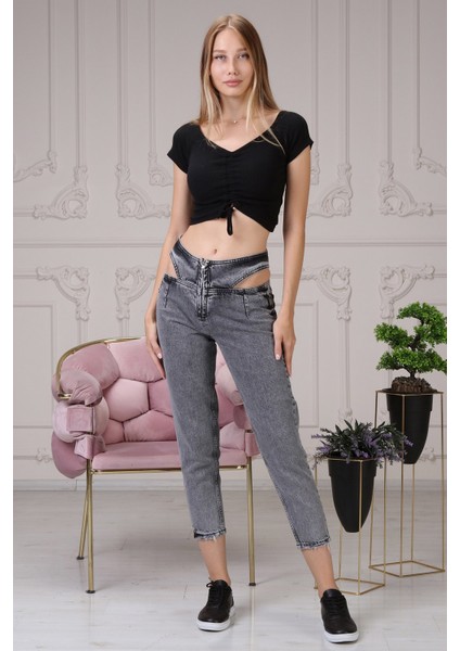 Beli Yırtmaçlı Mom Jean Kadın Pantolon 4222-888 Gri