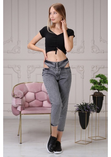 Beli Yırtmaçlı Mom Jean Kadın Pantolon 4222-888 Gri