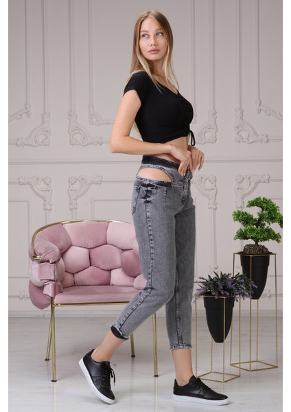 Beli Yırtmaçlı Mom Jean Kadın Pantolon 4222-888 Gri