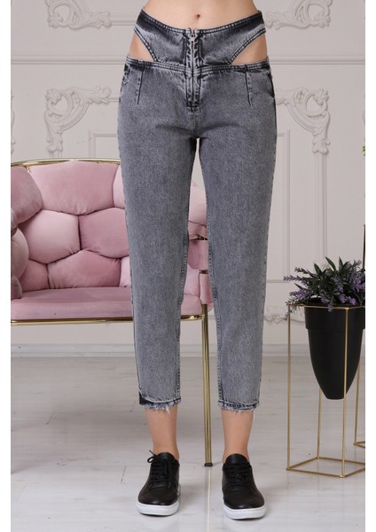 Beli Yırtmaçlı Mom Jean Kadın Pantolon 4222-888 Gri
