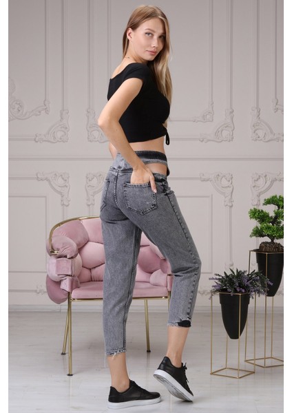 Beli Yırtmaçlı Mom Jean Kadın Pantolon 4222-888 Gri