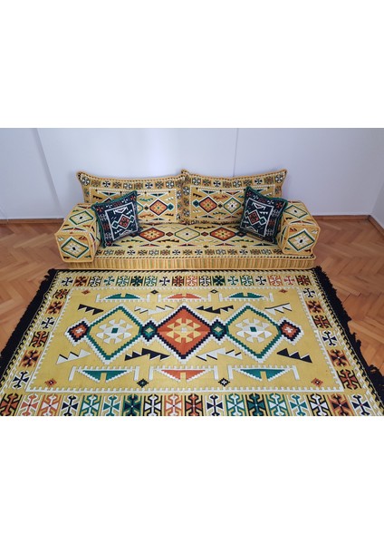 Şark Köşesi Anadolu Desenli Minderi ikili Sedir Takımı 120x180cm Kilim Konsept Sarı ( 8 Parça )