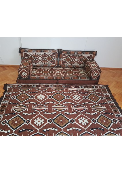 Şark Köşesi Anadolu Desenli Minderi ikili Sedir 200x300 cm Kilim Takımı Sünger Dahil Kahverengi