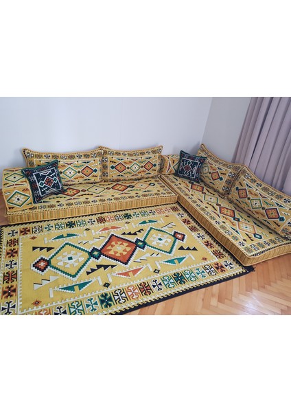 Şark Köşesi Anadolu Desenli Minderi ikili Sedir Takımı Konsept Sarı ( 11 Parça )