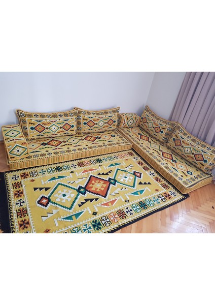 Şark Köşesi Anadolu Desenli Minderi ikili Sedir 120x180cm Kilim Takımı Konsept Sarı ( 9 Parça )