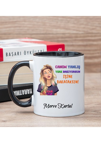 Kişiye Özel Işine Bakıcaksın Tasarım Esprili Siyah Kupa Bardak