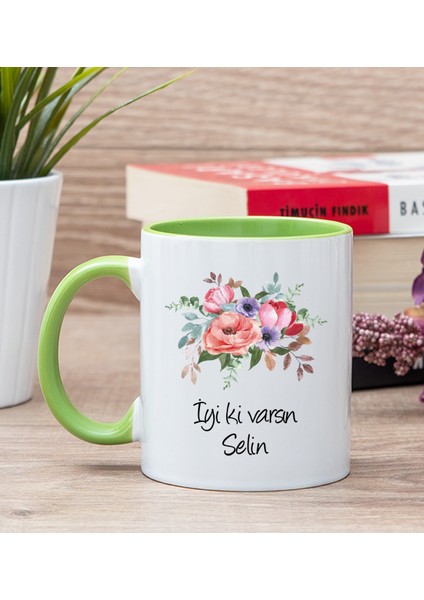 Kişiye Özel Çiçek Buketi İsimli Yeşil Kupa Bardak