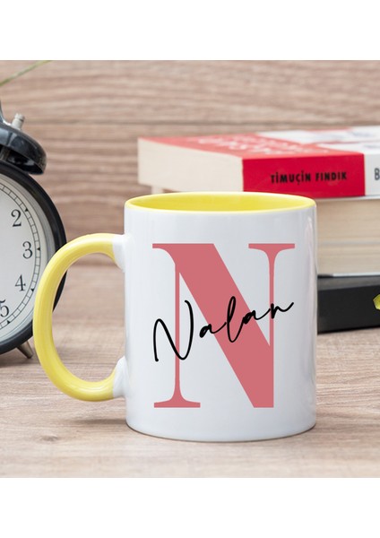 Kişiye Özel Baş Harfli Üzeri İsim Yazılı Sarı Kupa Bardak