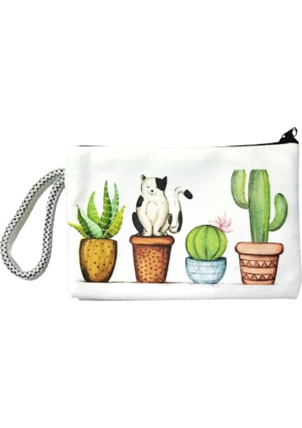 Pamuklu Ham Bez Cüzdan 18X12 Cm. Kaktüs ve Kedi Baskılı