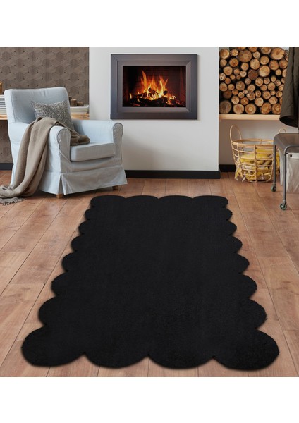 Siyah Lazer Kesim Kaymaz Taban Peluş Uzun Tüylü Halı-100x300 cm