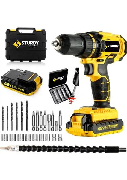 STURDY 48V5AH Lion Çift Akülü Darbeli Turbo Şarjlı Matkap 27 Parca Setli + Bozulmuş Vida Sökme Setli