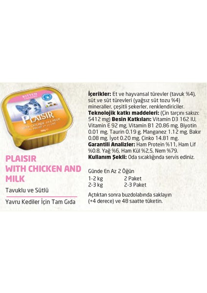 Pate Tavuk Etli&sütlü Kitten 100gr Plaisir Kedi Maması 4ADET