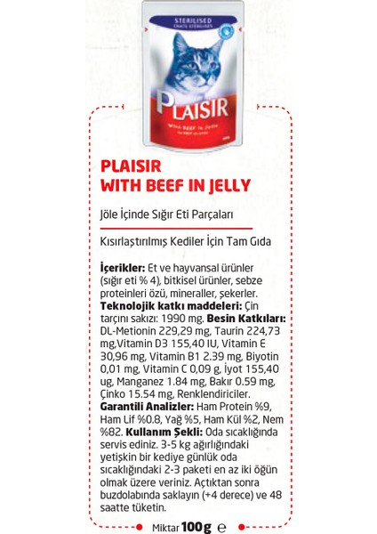 Pouch Sığıretli Sterilised 100gr Plaisir Kedi Maması 22ADET