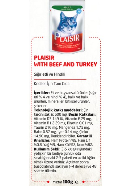 Pouch Sığır Etli&hindili 100gr Plaisir Kedi Maması 12ADET