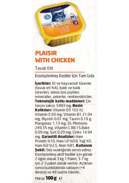 Pate Tavuk Sterilised 100gr Plaisir Yaş Kedi Maması 32ADET