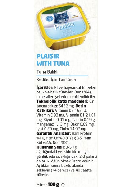 Pate Tuna Balık Etli 100gr Plaisir Yaş Kedi Maması 4ADET
