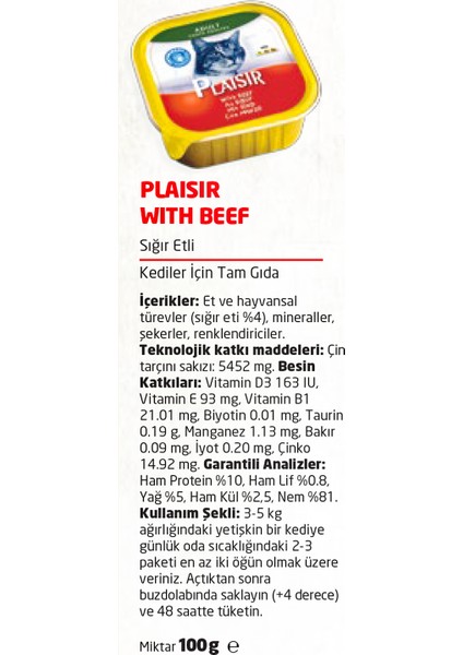 Pate Sığır Etli 100gr Plaisir Yaş Kedi Kedi Maması 4ADET