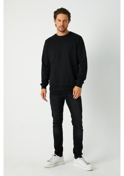 Erkek Siyah Basic Bisiklet Yaka Sweatshirt