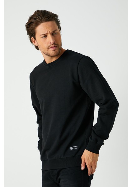Erkek Siyah Basic Bisiklet Yaka Sweatshirt