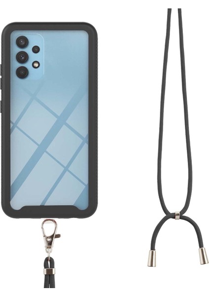 Samsung Galaxy A32 4G İçin Şeffaf Bumper Shockproof Ayarlanabilir Çapraz Askılı Askılı Tam Koruma Kılıf Kapaklı Siyah (Yurt Dışından)