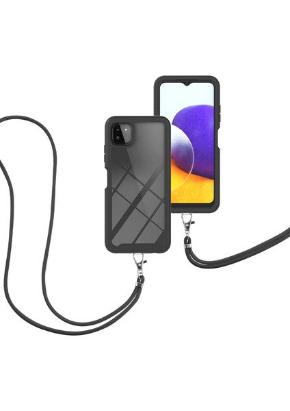 Samsung Galaxy A22 5G İçin Şeffaf Bumper Shockproof Ayarlanabilir Çapraz Askılı Askılı Tam Koruma Kılıf Kapaklı Siyah (Yurt Dışından)