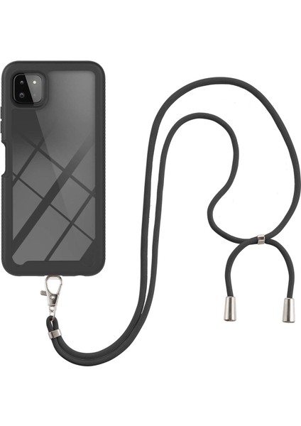 Samsung Galaxy A22 5G İçin Şeffaf Bumper Shockproof Ayarlanabilir Çapraz Askılı Askılı Tam Koruma Kılıf Kapaklı Siyah (Yurt Dışından)