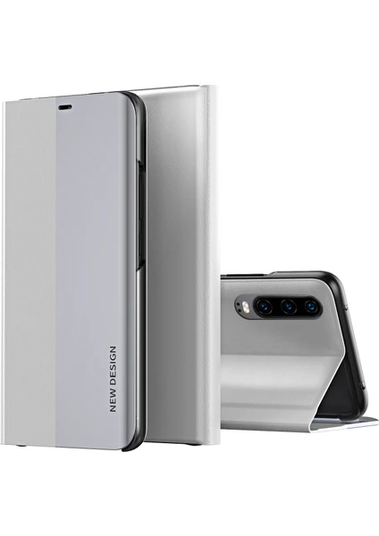 Huawei P30 İçin İnce Flip Deri Manyetik Kılıf Kapaklı Beyaz (Yurt Dışından)