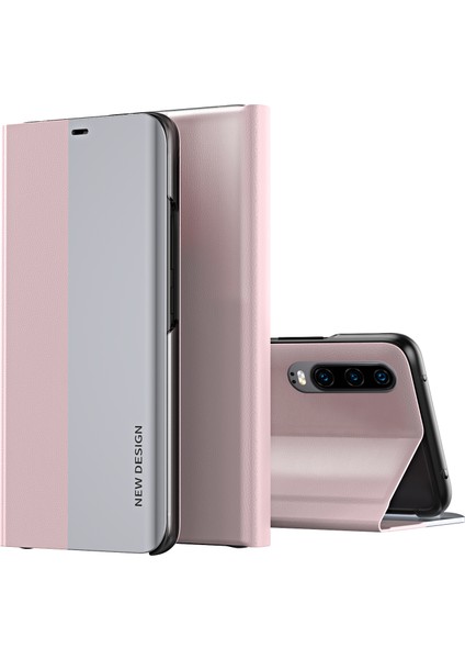 Huawei P30 İçin İnce Flip Deri Manyetik Kılıf Kapaklı Pembe (Yurt Dışından)