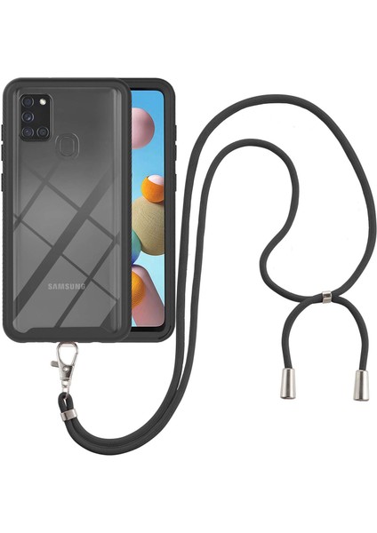 Samsung Galaxy A21S İçin Şeffaf Bumper Shockproof Ayarlanabilir Çapraz Askılı Askılı Tam Koruma Kılıf Kapaklı Siyah (Yurt Dışından)