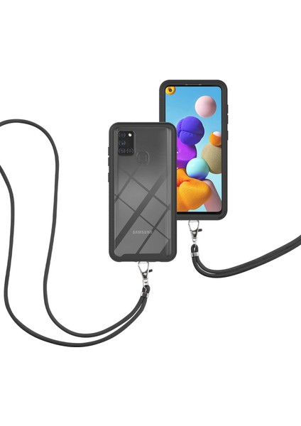 Samsung Galaxy A21S İçin Şeffaf Bumper Shockproof Ayarlanabilir Çapraz Askılı Askılı Tam Koruma Kılıf Kapaklı Siyah (Yurt Dışından)