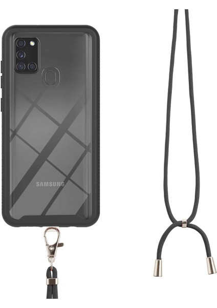 Samsung Galaxy A21S İçin Şeffaf Bumper Shockproof Ayarlanabilir Çapraz Askılı Askılı Tam Koruma Kılıf Kapaklı Siyah (Yurt Dışından)