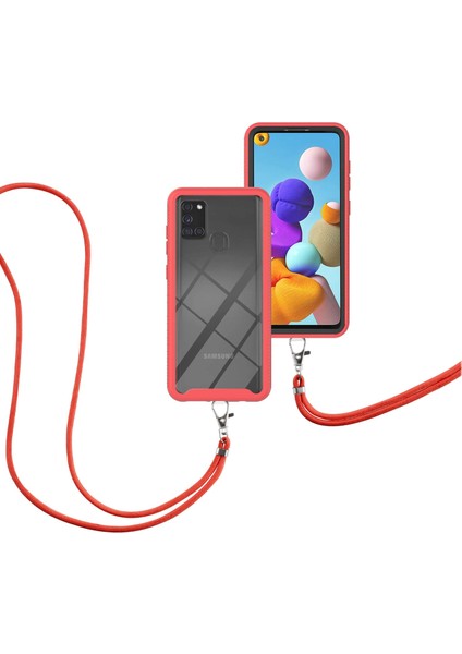 Samsung Galaxy A21S İçin Şeffaf Bumper Shockproof Ayarlanabilir Çapraz Askılı Askılı Tam Koruma Kılıf Kapaklı Kırmızı (Yurt Dışından)