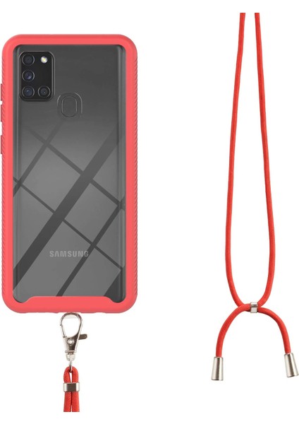 Samsung Galaxy A21S İçin Şeffaf Bumper Shockproof Ayarlanabilir Çapraz Askılı Askılı Tam Koruma Kılıf Kapaklı Kırmızı (Yurt Dışından)