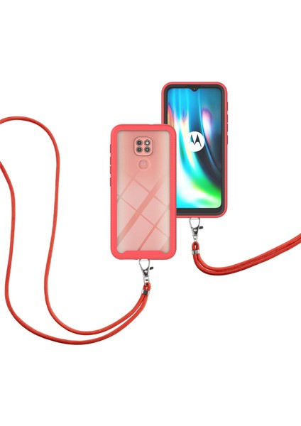 Motorola Moto G 9 Play İçin Şeffaf Bumper Shockproof Ayarlanabilir Çapraz Askılı Askılı Tam Koruma Kılıf Kapaklı Kırmızı (Yurt Dışından)