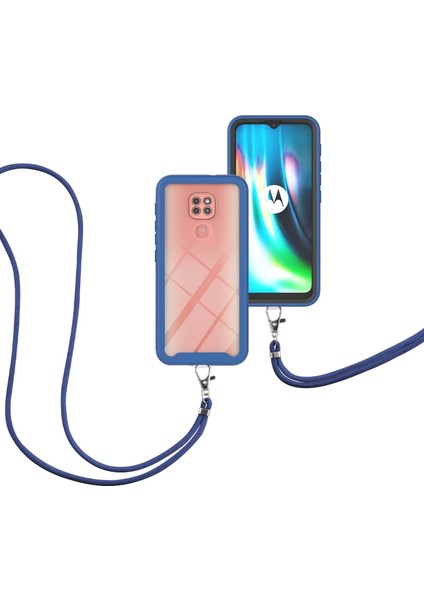 Motorola Moto G 9 Play İçin Şeffaf Bumper Shockproof Ayarlanabilir Çapraz Askılı Askılı Tam Koruma Kılıf Kapaklı Mavi (Yurt Dışından)