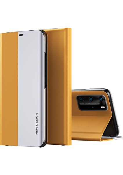 Huawei P40 Pro İçin İnce Flip Deri Manyetik Kılıf Kapaklı Sarı (Yurt Dışından)