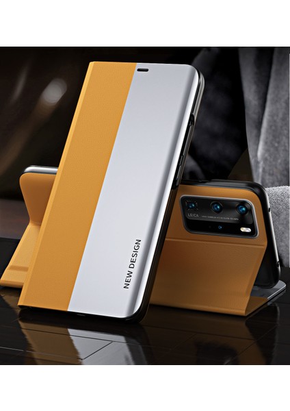 Huawei P40 Pro İçin İnce Flip Deri Manyetik Kılıf Kapaklı Sarı (Yurt Dışından)