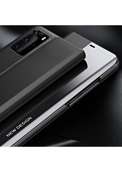 Huawei P40 Pro İçin İnce Flip Deri Manyetik Kılıf Kapaklı Sarı (Yurt Dışından)