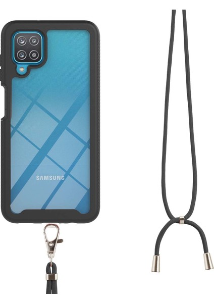 Samsung Galaxy A12 İçin Şeffaf Bumper Shockproof Ayarlanabilir Çapraz Askılı Askılı Tam Koruma Kılıf Kapaklı Siyah (Yurt Dışından)