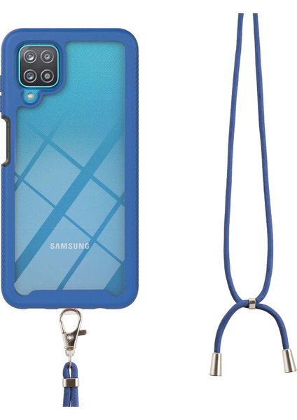 Samsung Galaxy A12 İçin Şeffaf Bumper Shockproof Ayarlanabilir Çapraz Askılı Askılı Tam Koruma Kılıf Kapaklı Mavi (Yurt Dışından)