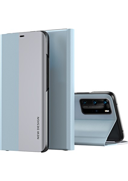 Huawei P40 Pro Için Ince Flip Deri Manyetik Kılıf Kapaklı Mavi (Yurt Dışından)