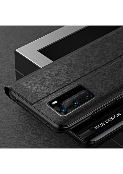 Huawei P40 Pro Için Ince Flip Deri Manyetik Kılıf Kapaklı Siyah