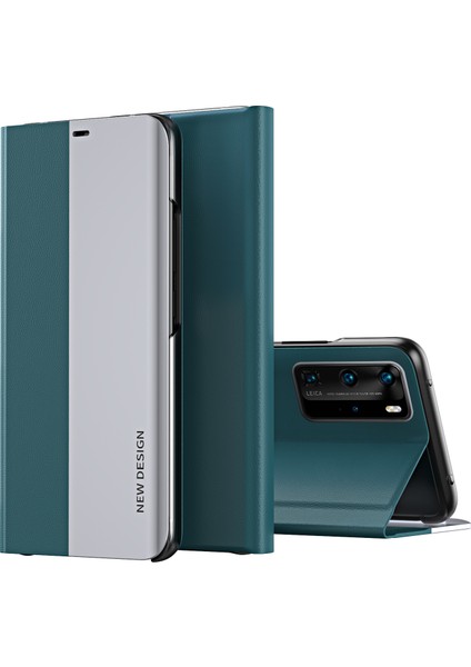 Huawei P40 Pro İçin İnce Flip Deri Manyetik Kılıf Kapaklı Yeşil (Yurt Dışından)