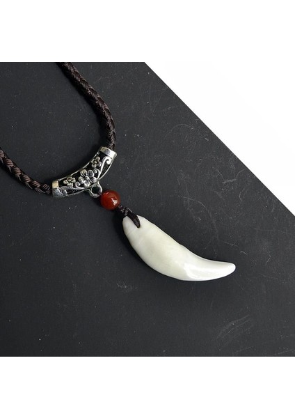 Doğal Tibet Beyaz Kurt Dişi Kolye Ayarlı Örgü Ipli Metal Charm Boncuklu