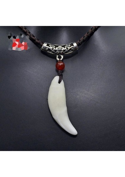 Doğal Tibet Beyaz Kurt Dişi Kolye Ayarlı Örgü Ipli Metal Charm Boncuklu